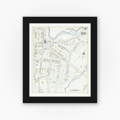 Old map wall art mockup — black gallery frame with white mat — Sanborn Fire Insurance Map from Westwood, Bergen County, New Jersey (1921), Sheet #0008
