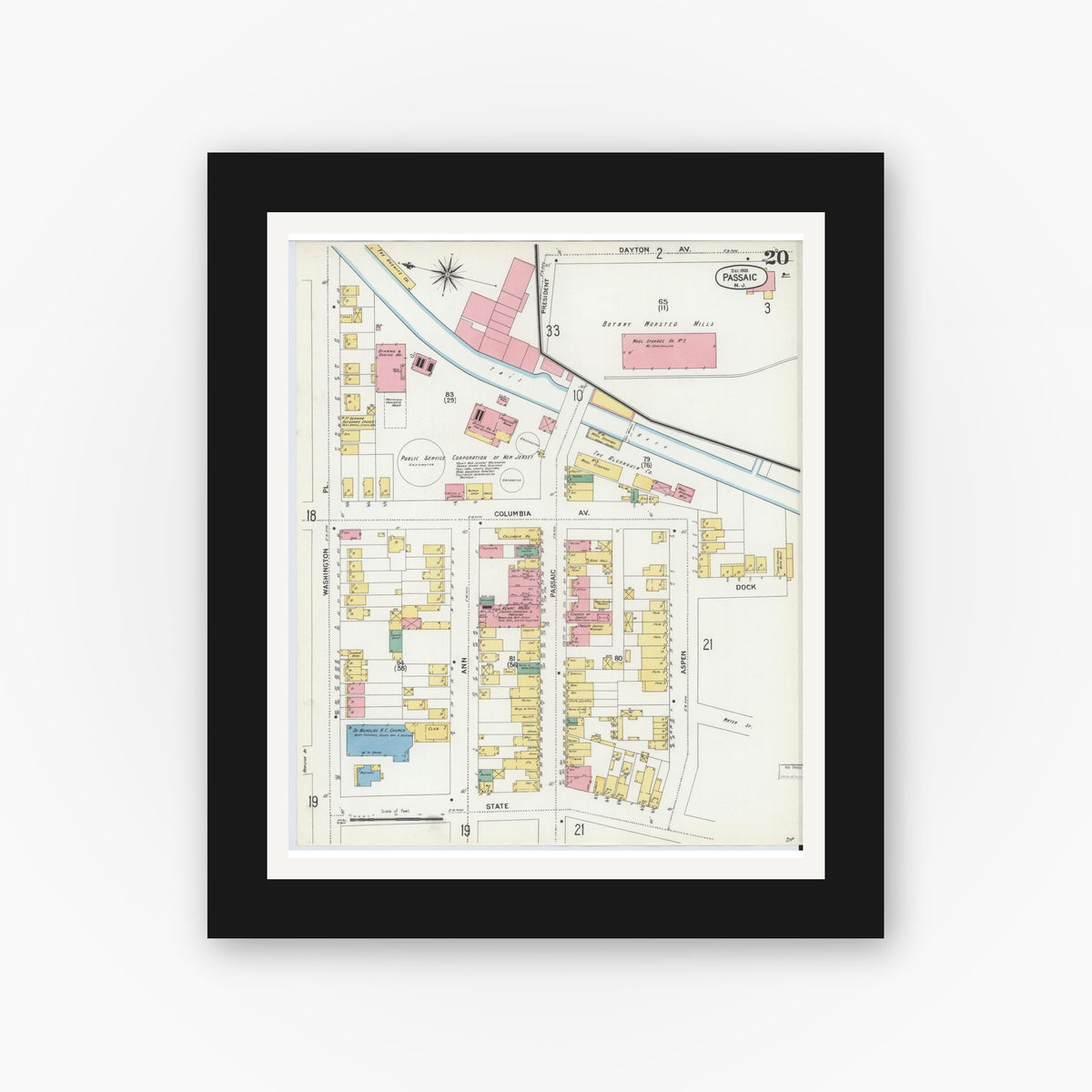 Old map wall art mockup — black gallery frame with white mat — Sanborn Fire Insurance Map from Passaic, Passaic County, New Jersey (1903), Sheet #0020