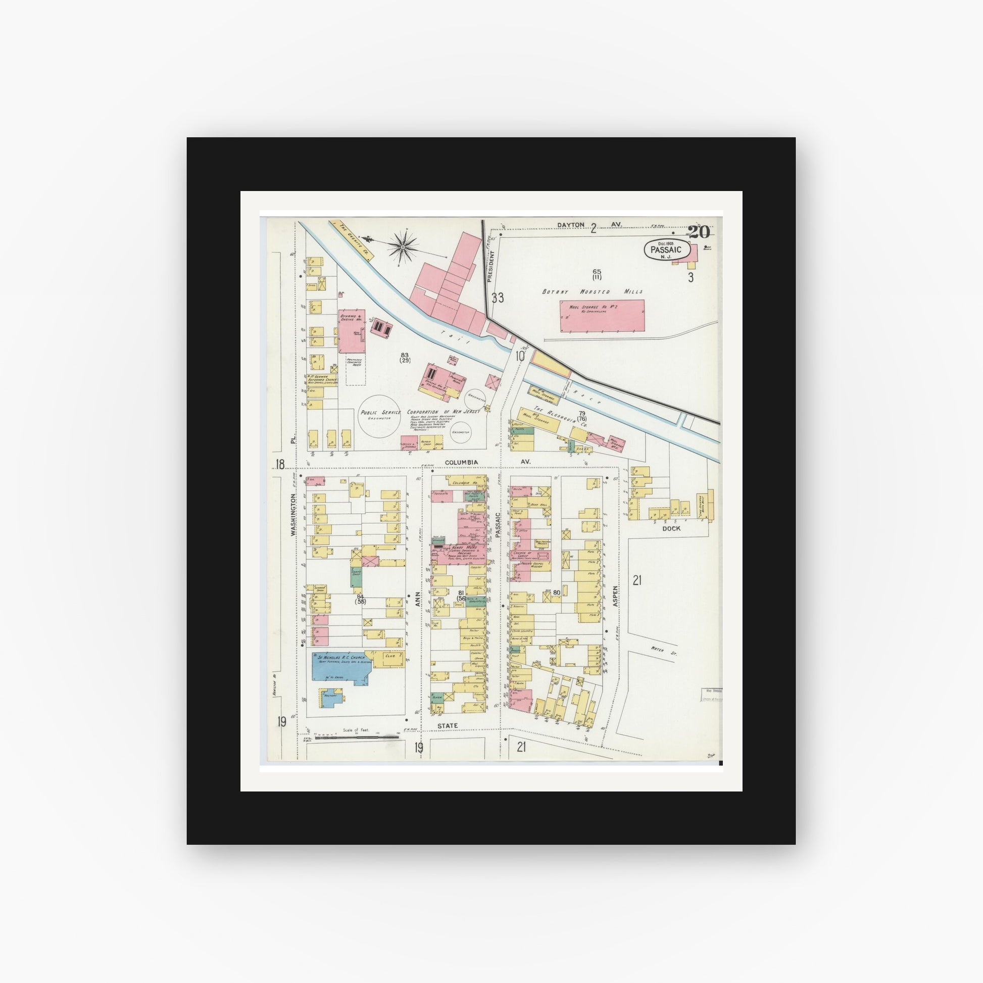 Old map wall art mockup — black gallery frame with white mat — Sanborn Fire Insurance Map from Passaic, Passaic County, New Jersey (1903), Sheet #0020