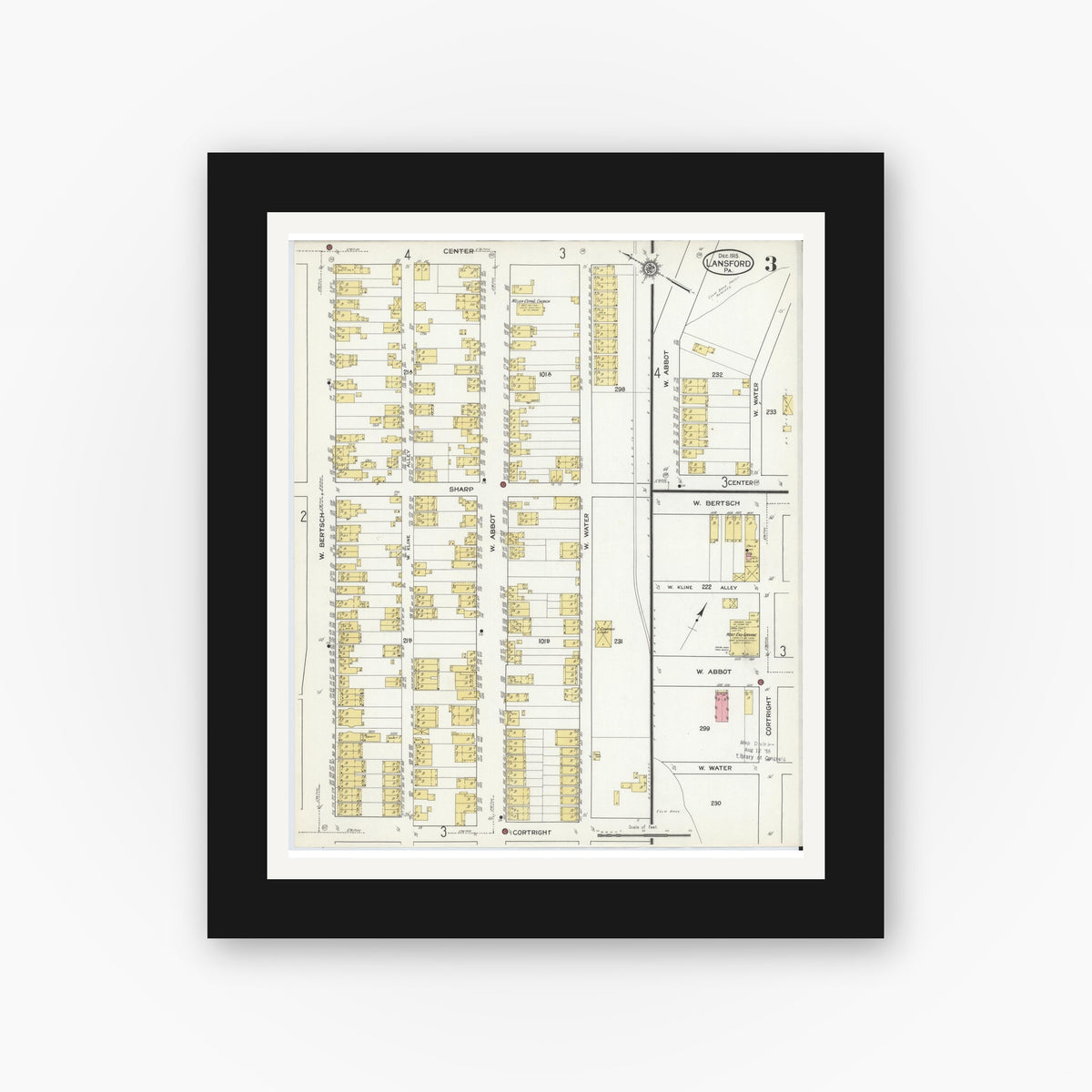 Old map wall art mockup — black gallery frame with white mat — Sanborn Fire Insurance Map from Lansford, Carbon County, Pennsylvania (1915), Sheet #0003