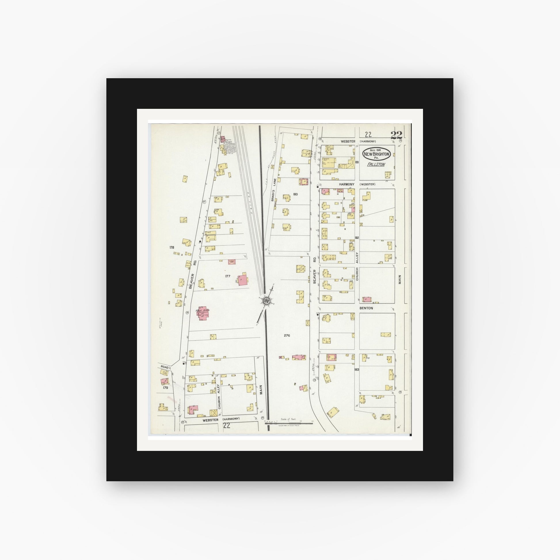 Old map wall art mockup — black gallery frame with white mat — Sanborn Fire Insurance Map from New Brighton, Beaver County, Pennsylvania (1918), Sheet #0022