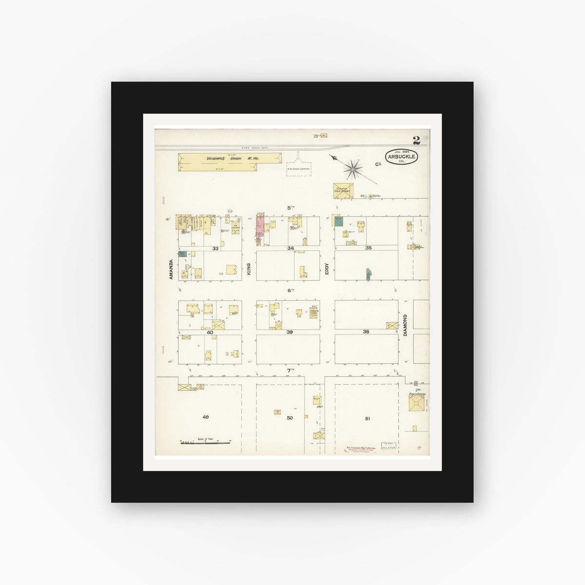 Old map wall art mockup — black gallery frame with white mat — Sanborn Fire Insurance Map from Arbuckle, Colusa County, California (1894), Sheet #0002