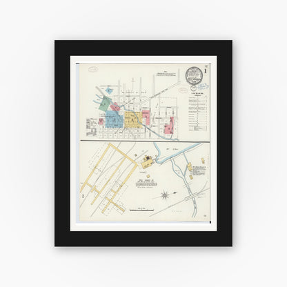 Old map wall art mockup — black gallery frame with white mat — Sanborn Fire Insurance Map from West Branch, Ogemaw County, Michigan (1898), Sheet #0001