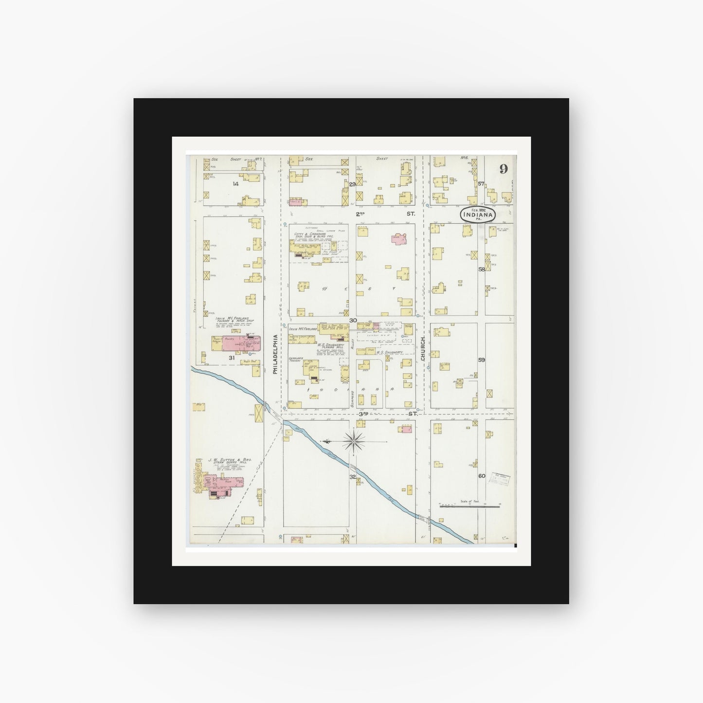 Old map wall art mockup — black gallery frame with white mat — Sanborn Fire Insurance Map from Indiana, Indiana County, Pennsylvania (1892), Sheet #0009