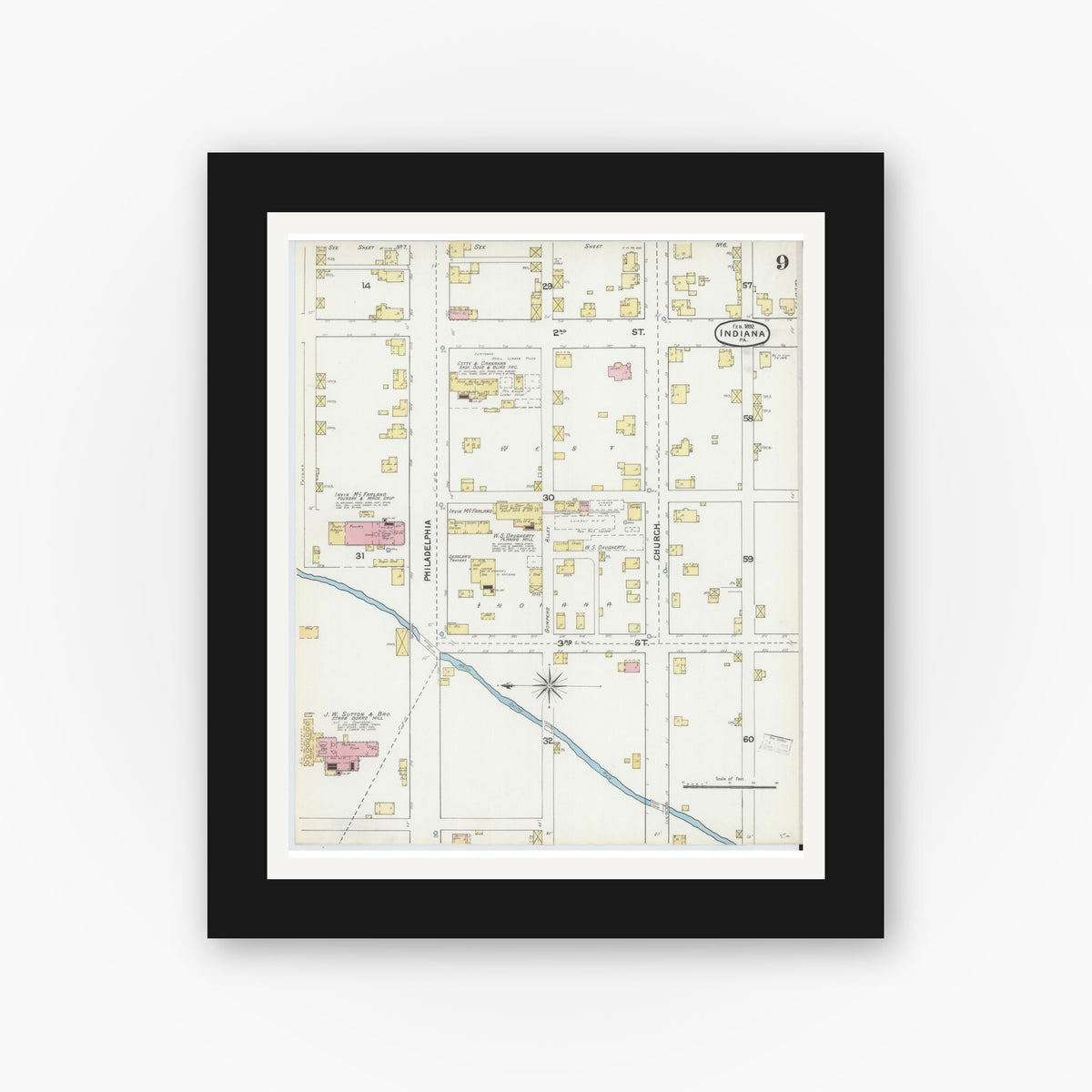 Old map wall art mockup — black gallery frame with white mat — Sanborn Fire Insurance Map from Indiana, Indiana County, Pennsylvania (1892), Sheet #0009