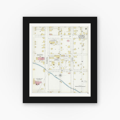 Old map wall art mockup — black gallery frame with white mat — Sanborn Fire Insurance Map from Indiana, Indiana County, Pennsylvania (1892), Sheet #0009