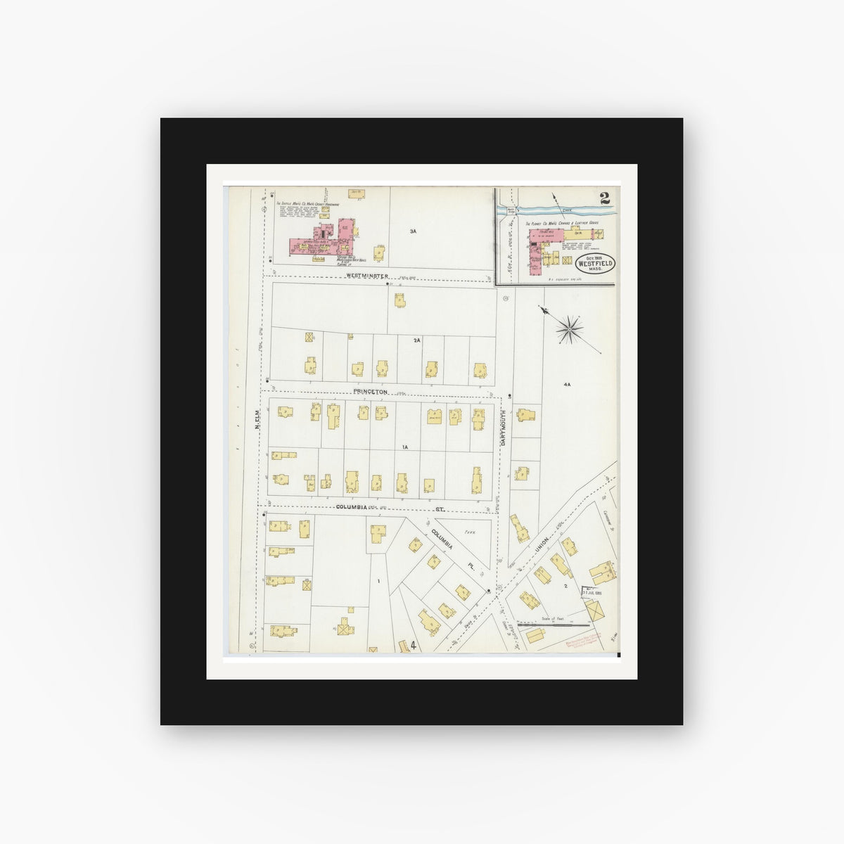 Old map wall art mockup — black gallery frame with white mat — Sanborn Fire Insurance Map from Westfield, Hampden County, Massachusetts (1905), Sheet #0002