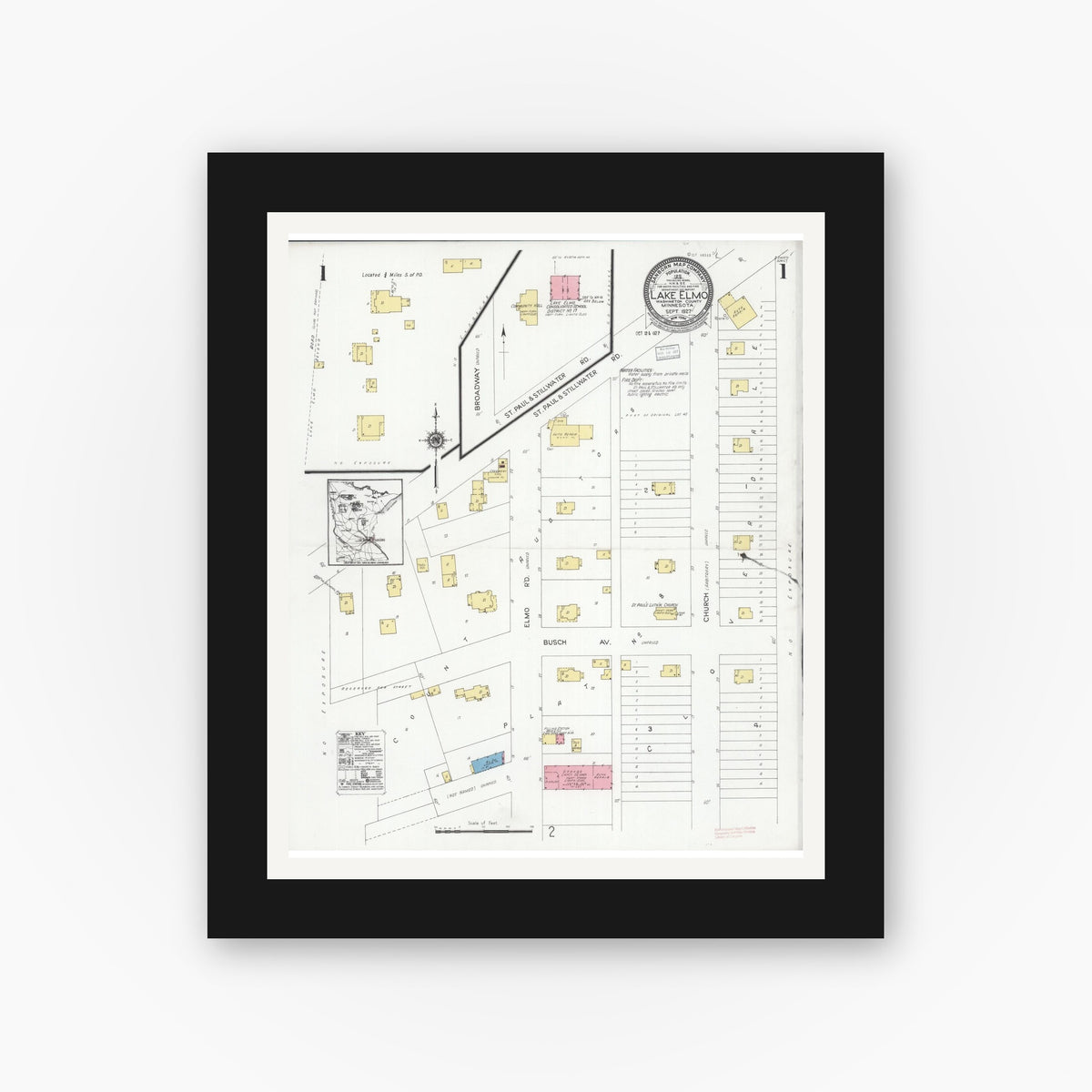 Old map wall art mockup — black gallery frame with white mat — Sanborn Fire Insurance Map from Lake Elmo, Washington County, Minnesota (1927), Sheet #0001