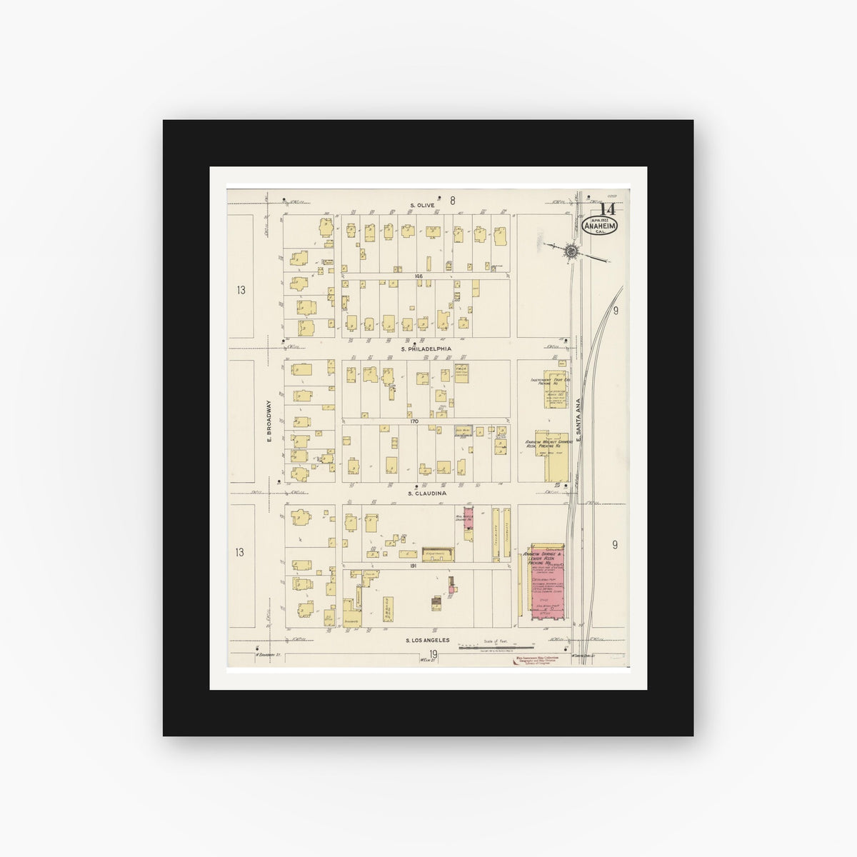 Old map wall art mockup — black gallery frame with white mat — Sanborn Fire Insurance Map from Anaheim, Orange County, California (1922), Sheet #0014
