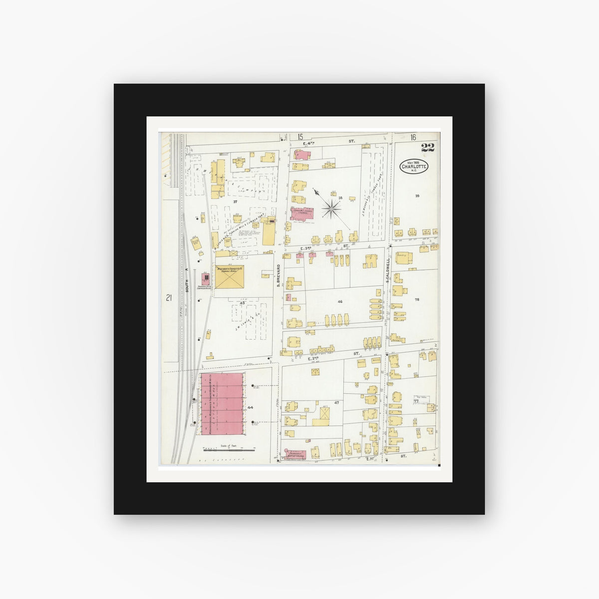 Old map wall art mockup — black gallery frame with white mat — Sanborn Fire Insurance Map from Charlotte, Mecklenburg County, North Carolina (1905), Sheet #0022