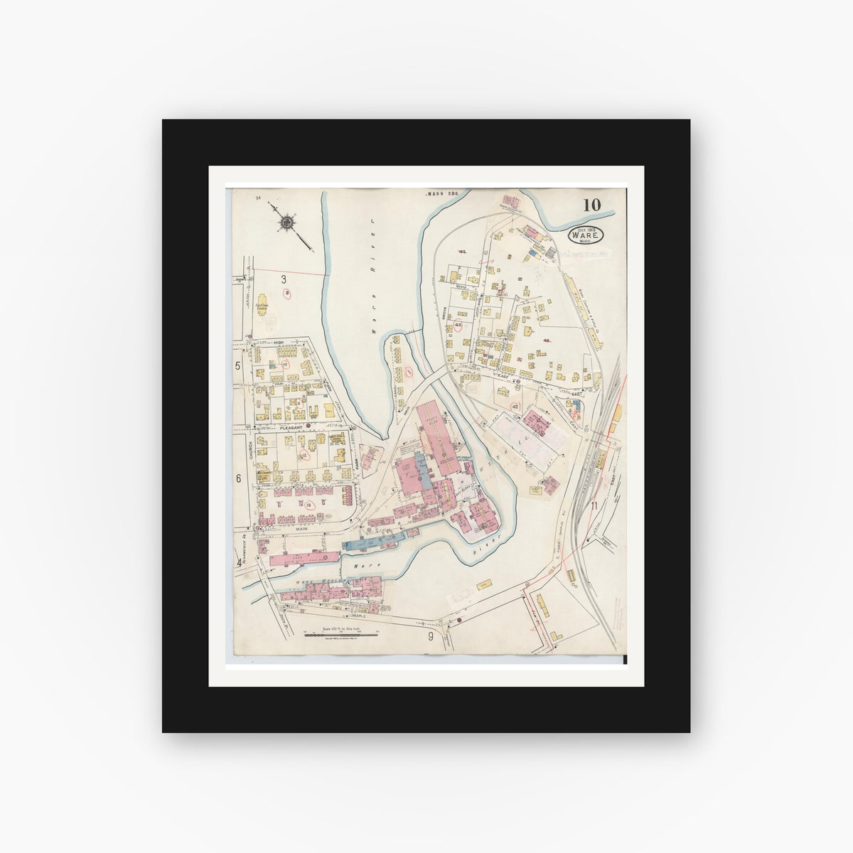 Old map wall art mockup — black gallery frame with white mat — Sanborn Fire Insurance Map from Ware, Hampshire County, Massachusetts (1946), Sheet #0010