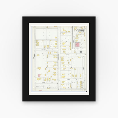 Old map wall art mockup — black gallery frame with white mat — Sanborn Fire Insurance Map from Bellefontaine, Logan County, Ohio (1901), Sheet #0003