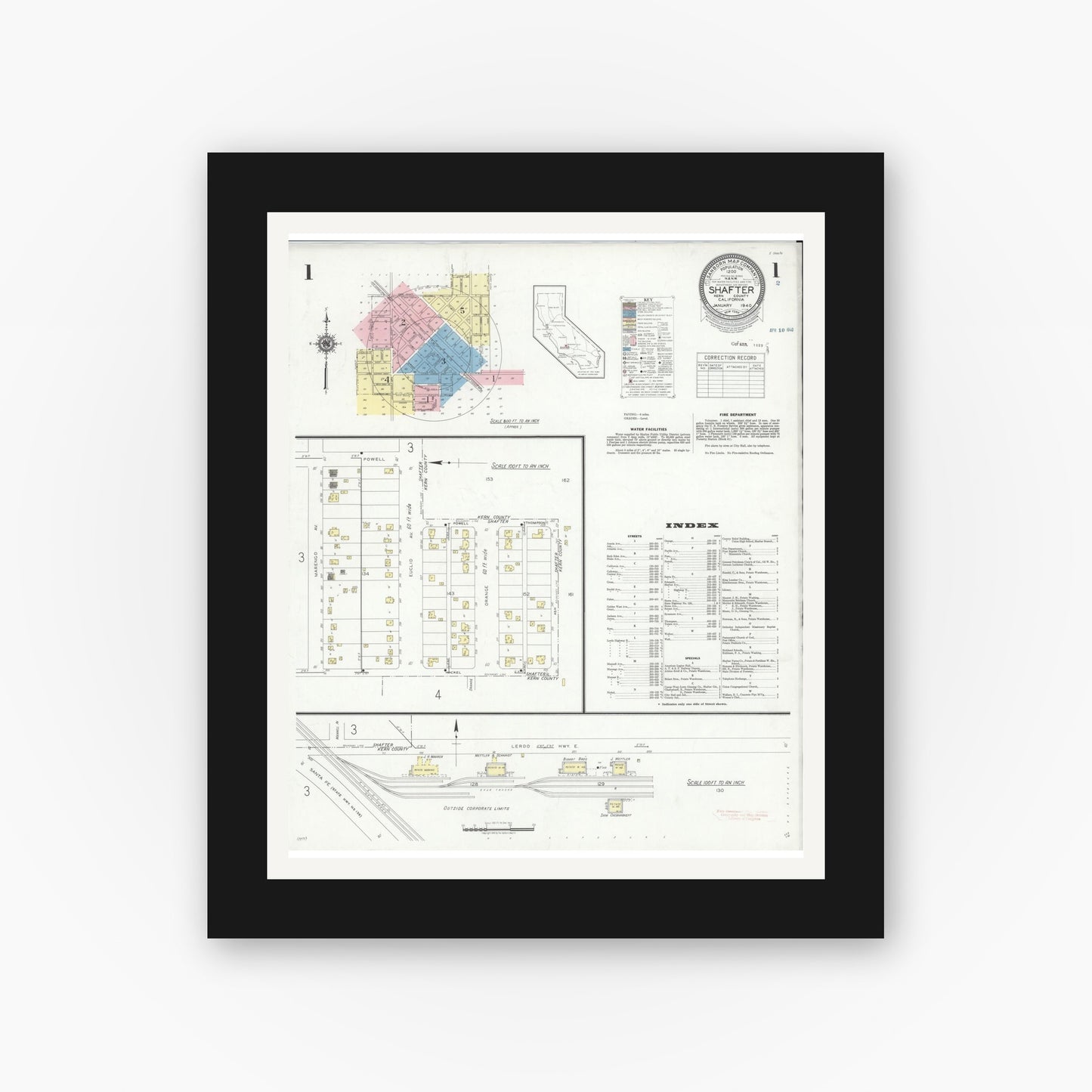 Old map wall art mockup — black gallery frame with white mat — Sanborn Fire Insurance Map from Shafter, Kern County, California (1940) - Complete Map Set