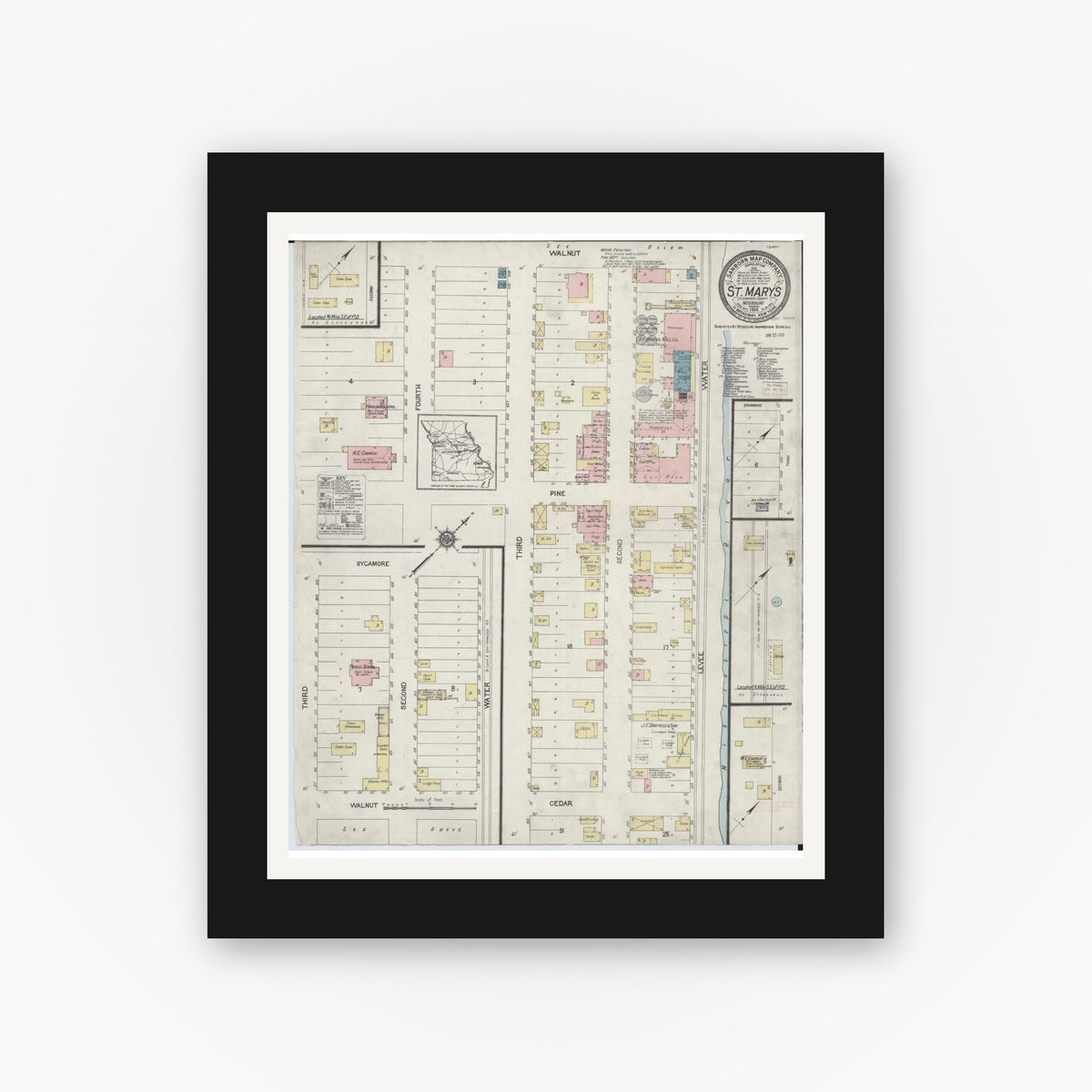Old map wall art mockup — black gallery frame with white mat — Sanborn Fire Insurance Map from Saint Marys, Saint Genevieve County, Missouri (1915), Sheet #0001