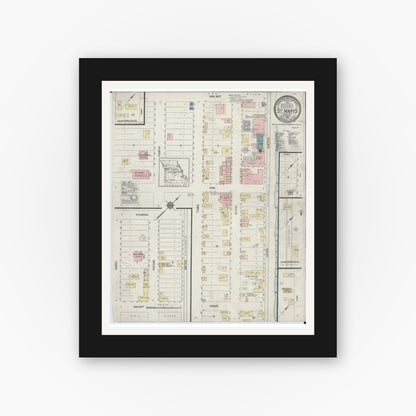 Old map wall art mockup — black gallery frame with white mat — Sanborn Fire Insurance Map from Saint Marys, Saint Genevieve County, Missouri (1915), Sheet #0001