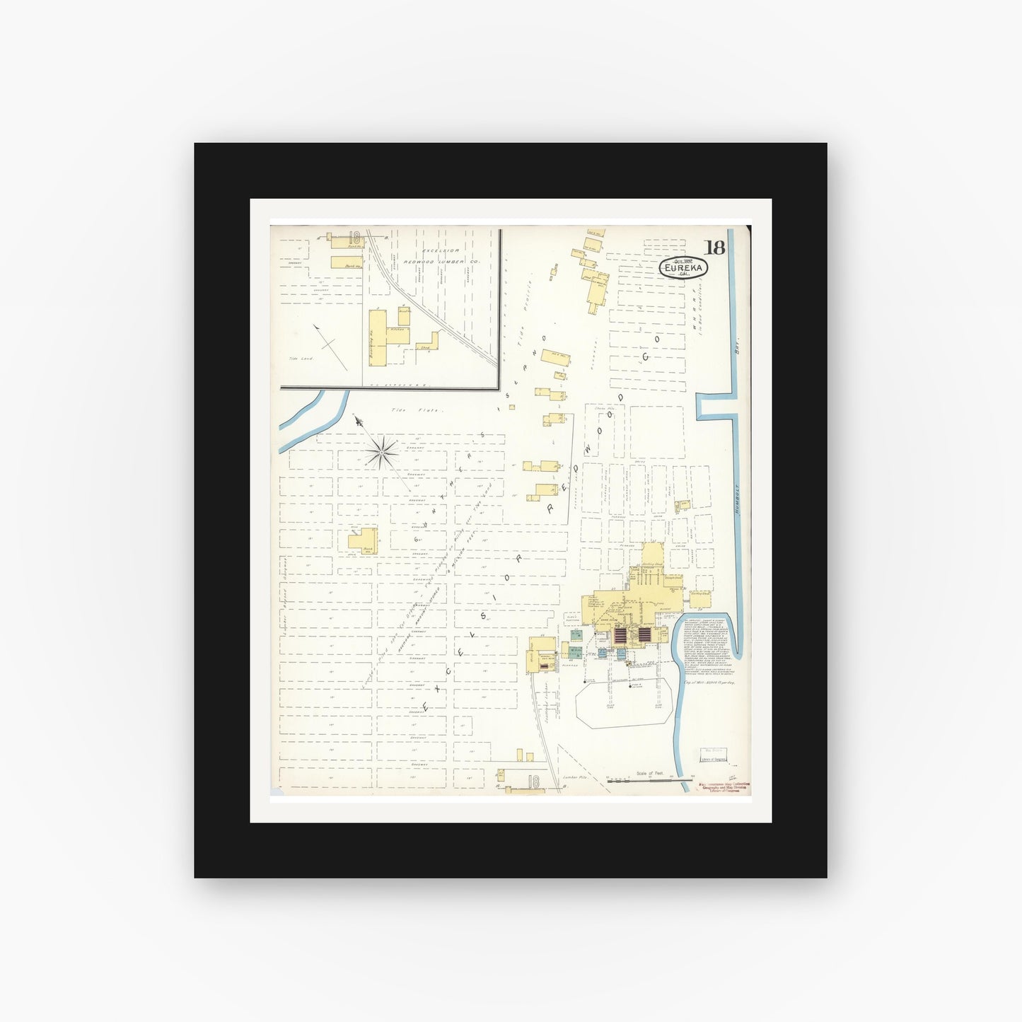 Old map wall art mockup — black gallery frame with white mat — Sanborn Fire Insurance Map from Eureka, Humboldt County, California (1892), Sheet #0018