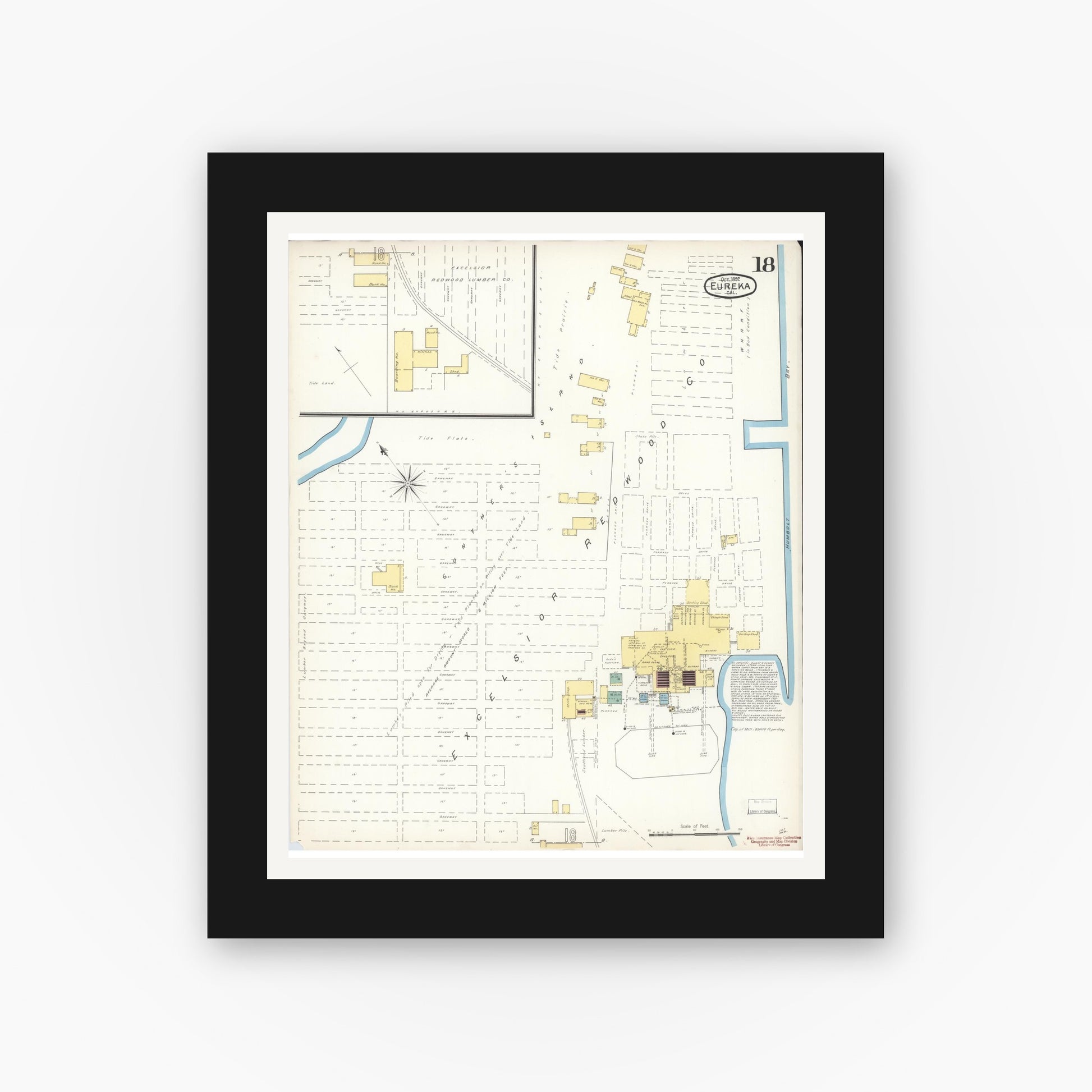 Old map wall art mockup — black gallery frame with white mat — Sanborn Fire Insurance Map from Eureka, Humboldt County, California (1892), Sheet #0018