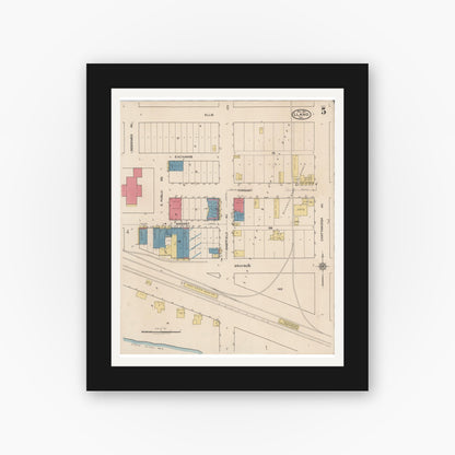 Old map wall art mockup — black gallery frame with white mat — Sanborn Fire Insurance Map from Llano, Llano County, Texas (1921), Sheet #0005