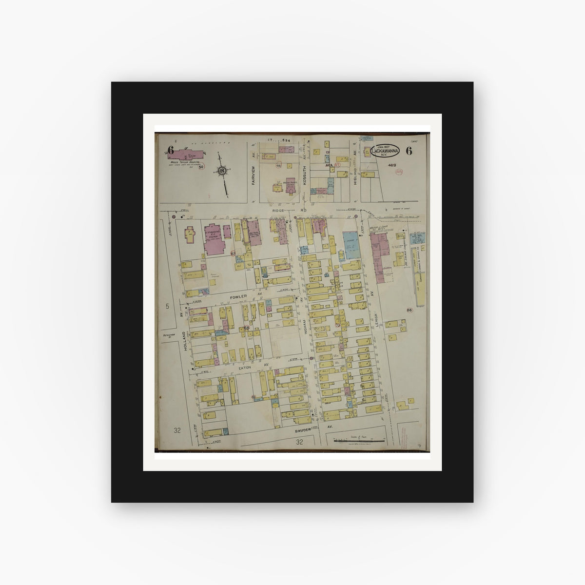Old map wall art mockup — black gallery frame with white mat — Sanborn Fire Insurance Map from Lackawanna, Erie County, New York (1950), Sheet #0006