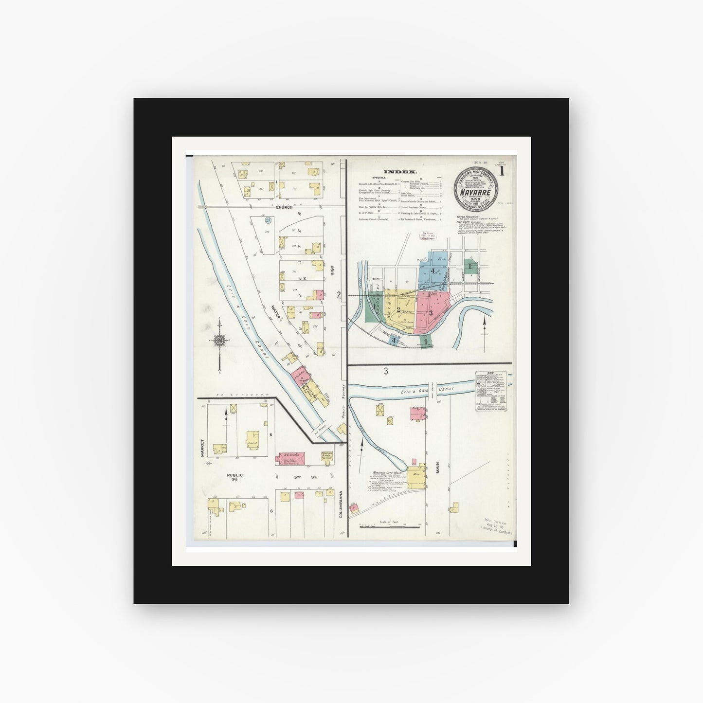 Old map wall art mockup — black gallery frame with white mat — Sanborn Fire Insurance Map from Navarre, Stark County, Ohio (1911) - Complete Map Set