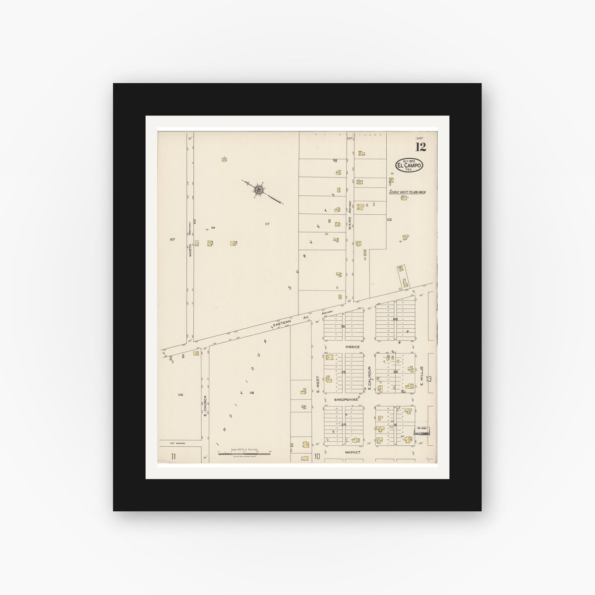 Old map wall art mockup — black gallery frame with white mat — Sanborn Fire Insurance Map from El Campo, Wharton County, Texas (1922), Sheet #0012