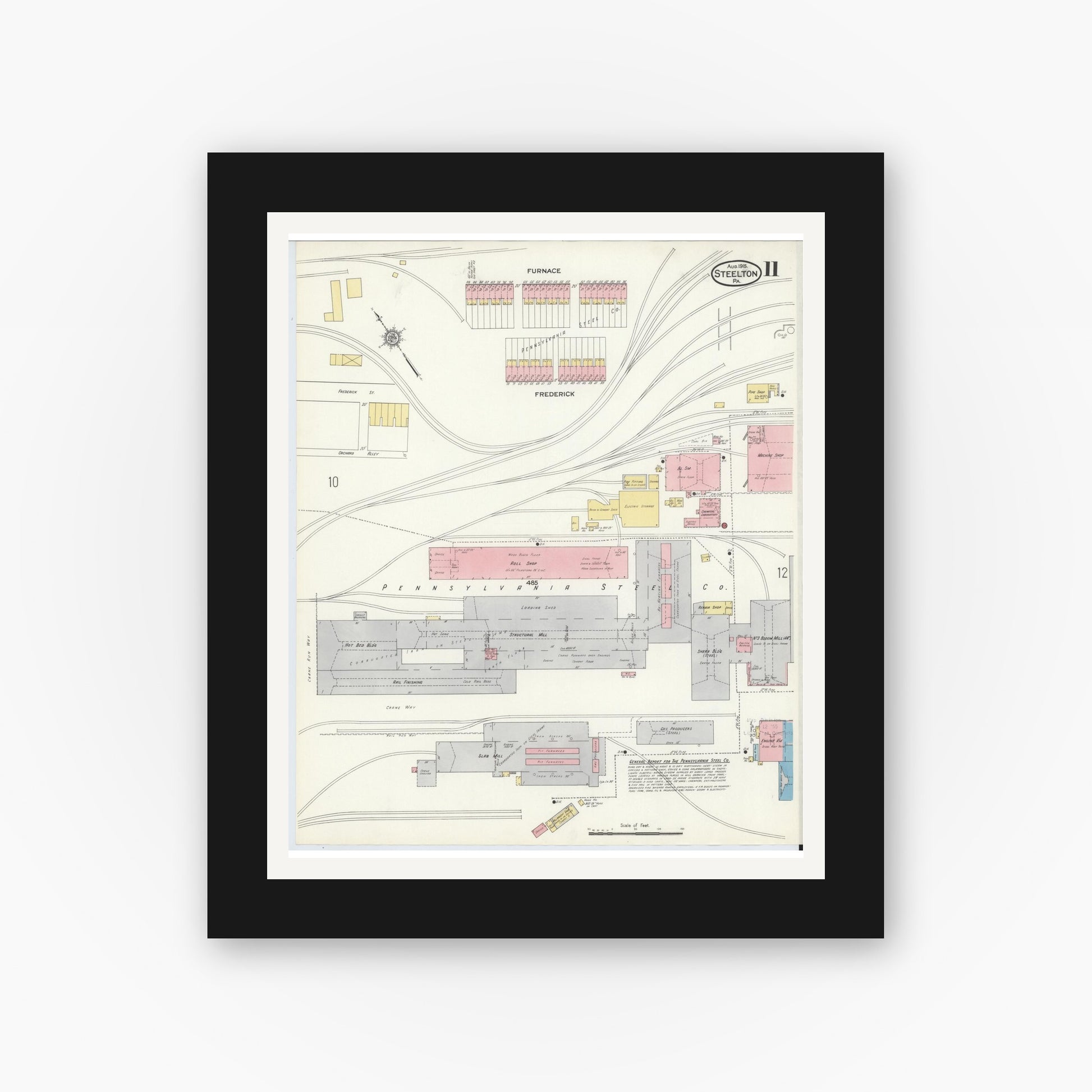 Old map wall art mockup — black gallery frame with white mat — Sanborn Fire Insurance Map from Steelton, Dauphin County, Pennsylvania (1915), Sheet #0011