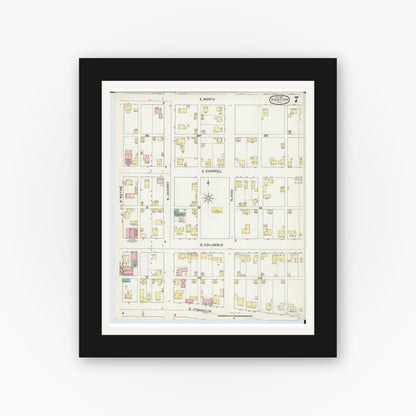 Old map wall art mockup — black gallery frame with white mat — Sanborn Fire Insurance Map from Kenton, Hardin County, Ohio (1892), Sheet #0007