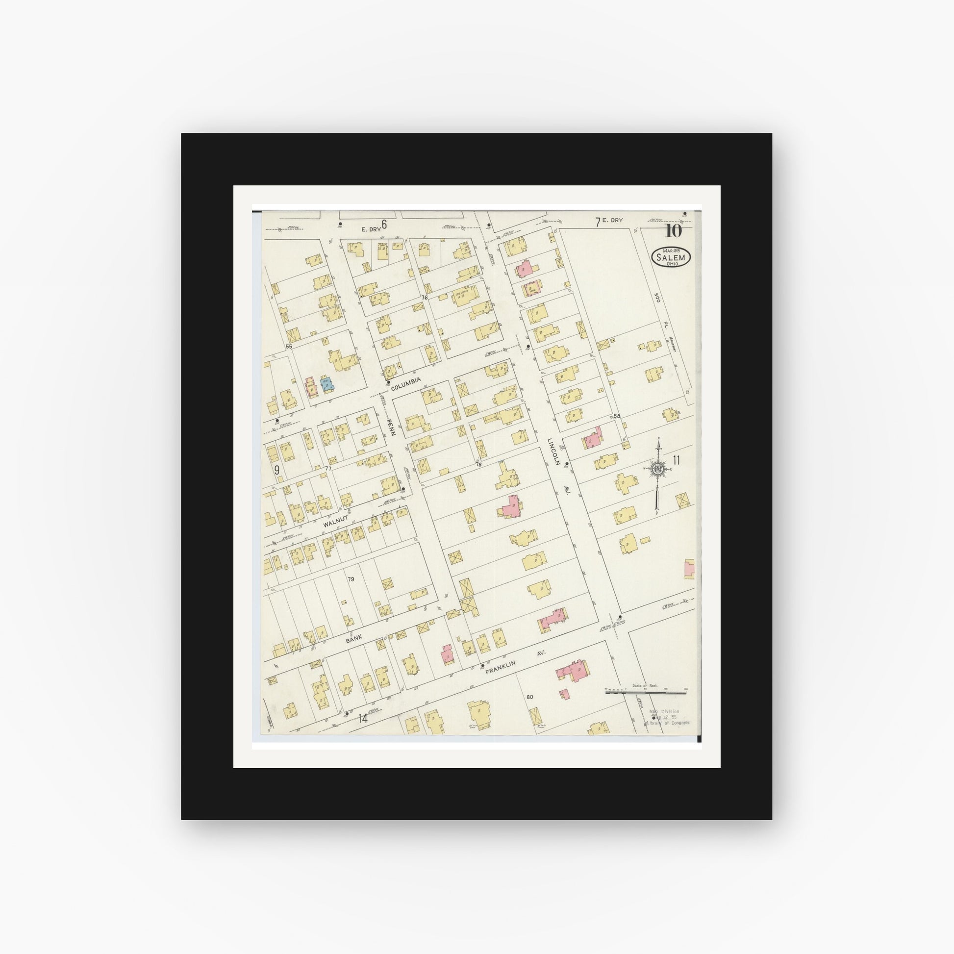 Old map wall art mockup — black gallery frame with white mat — Sanborn Fire Insurance Map from Salem, Columbiana County, Ohio (1915), Sheet #0010