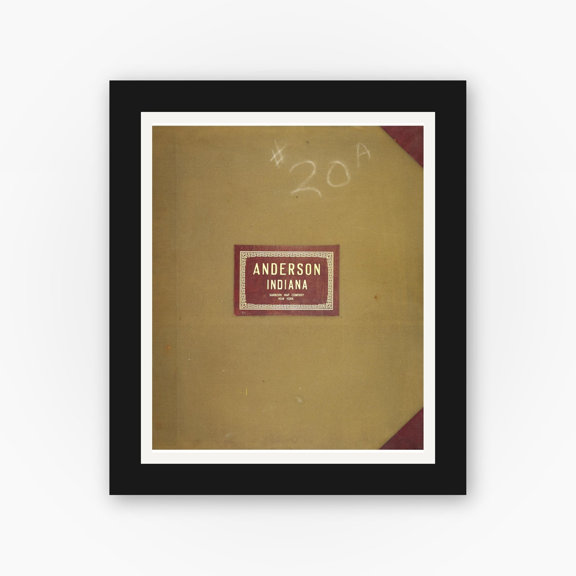 Old map wall art mockup — black gallery frame with white mat — Sanborn Fire Insurance Map from Anderson, Madison County, Indiana (1950), Sheet #0001