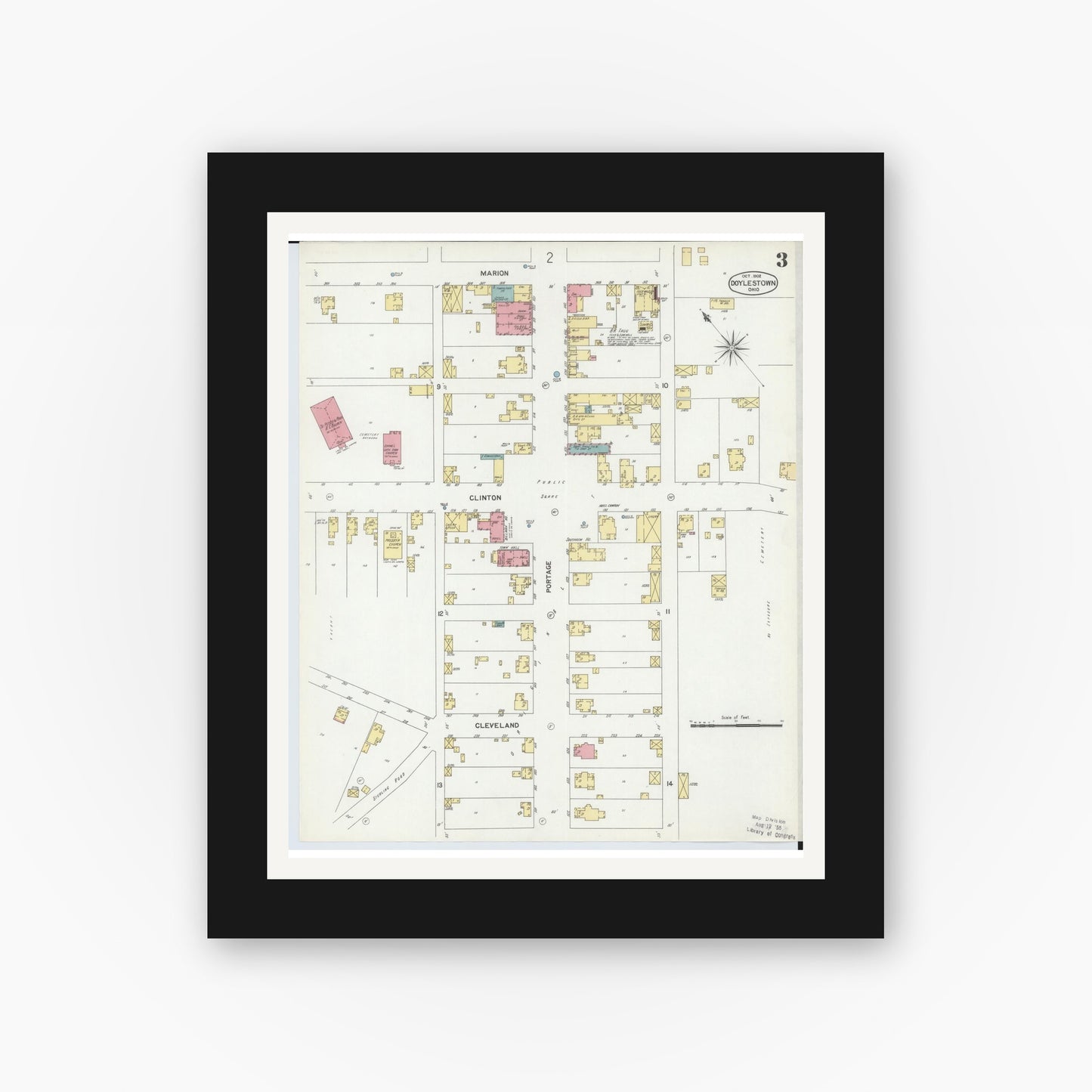 Old map wall art mockup — black gallery frame with white mat — Sanborn Fire Insurance Map from Doylestown, Wayne County, Ohio (1902), Sheet #0003