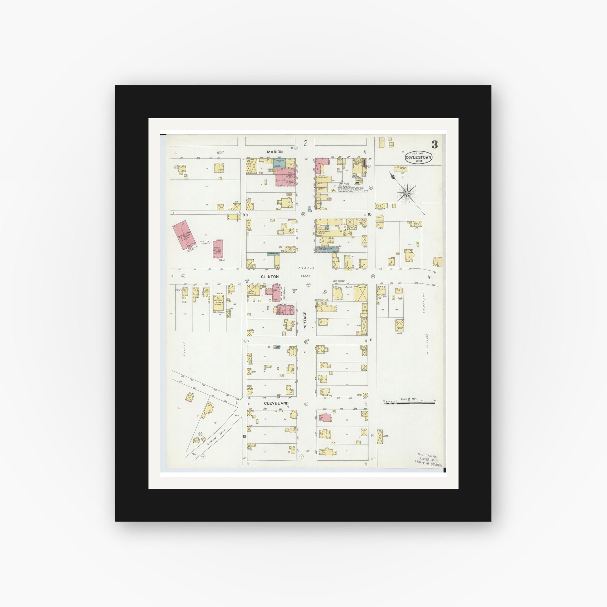Old map wall art mockup — black gallery frame with white mat — Sanborn Fire Insurance Map from Doylestown, Wayne County, Ohio (1902), Sheet #0003
