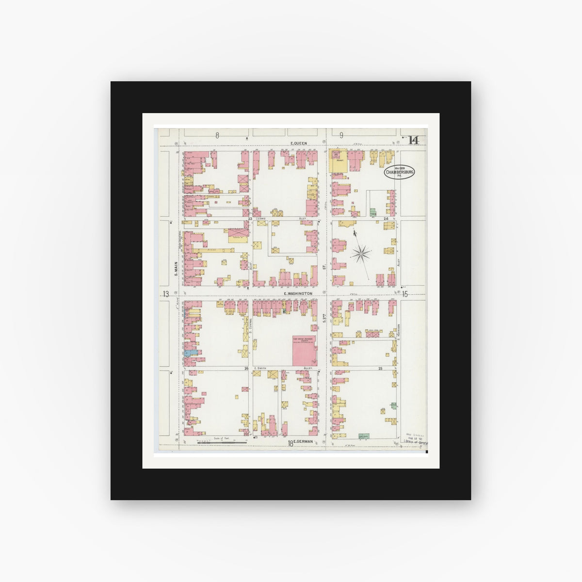 Old map wall art mockup — black gallery frame with white mat — Sanborn Fire Insurance Map from Chambersburg, Franklin County, Pennsylvania (1899), Sheet #0014