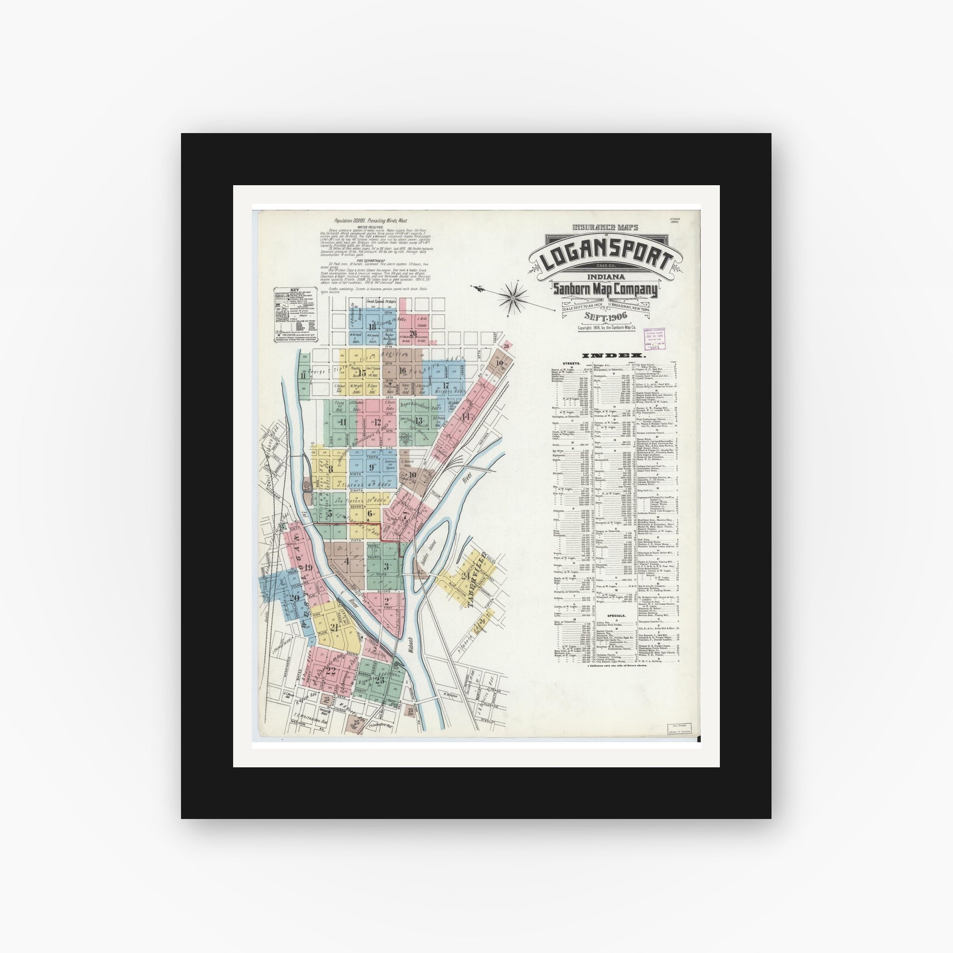 Old map wall art mockup — black gallery frame with white mat — Sanborn Fire Insurance Map from Logansport, Cass County, Indiana (1906) - Complete Map Set