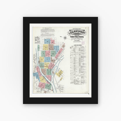 Old map wall art mockup — black gallery frame with white mat — Sanborn Fire Insurance Map from Logansport, Cass County, Indiana (1906) - Complete Map Set