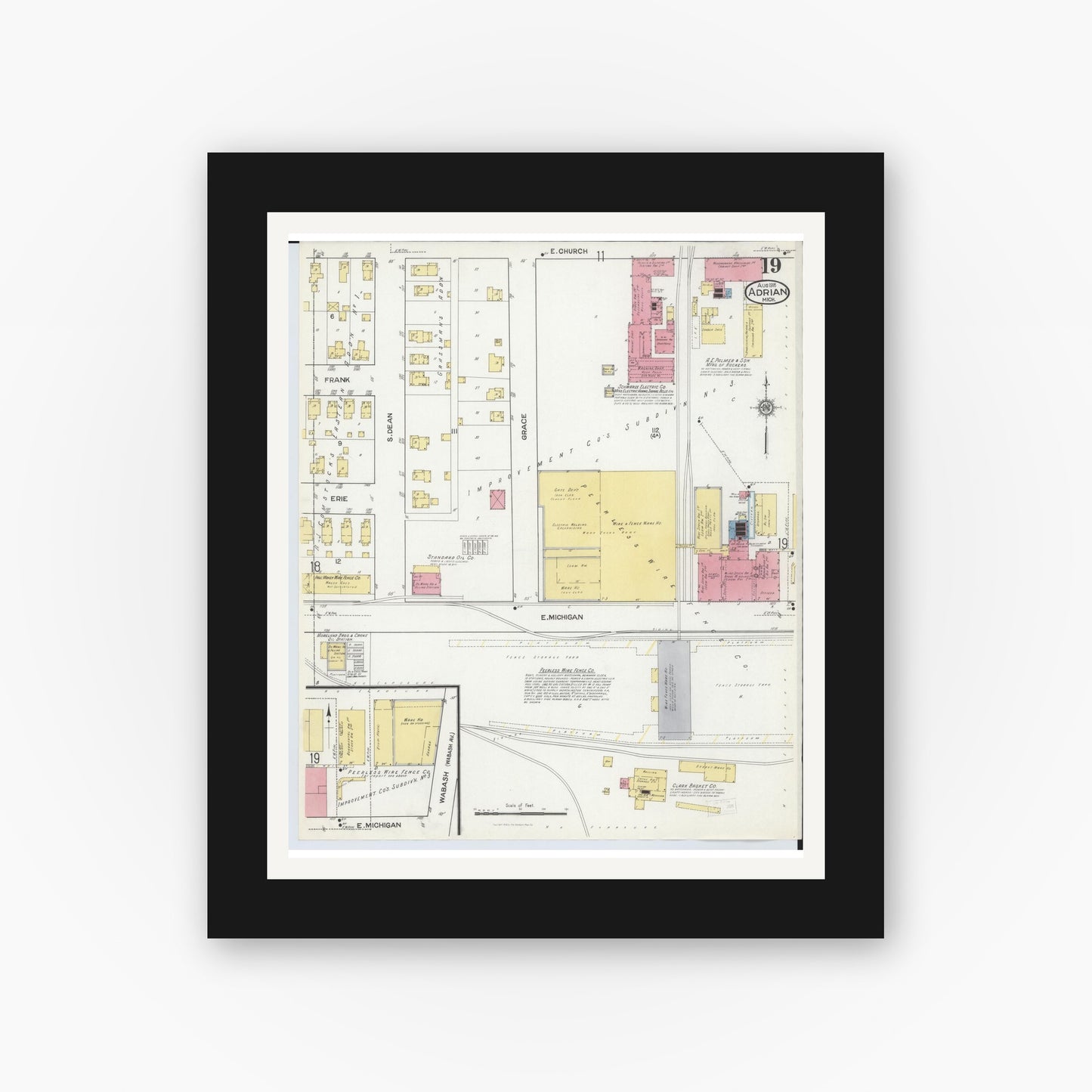 Old map wall art mockup — black gallery frame with white mat — Sanborn Fire Insurance Map from Adrian, Lenawee County, Michigan (1916), Sheet #0019