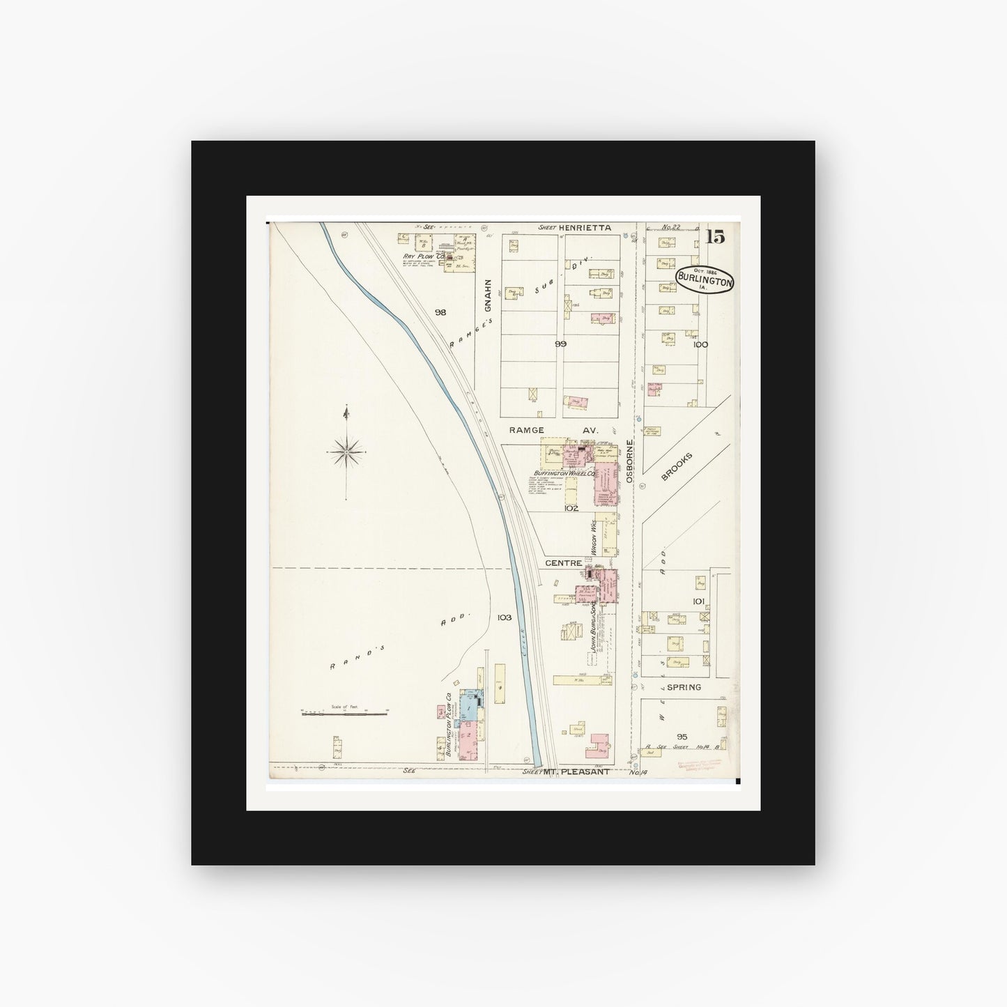 Old map wall art mockup — black gallery frame with white mat — Sanborn Fire Insurance Map from Burlington, Des Moines County, Iowa (1888), Sheet #0015
