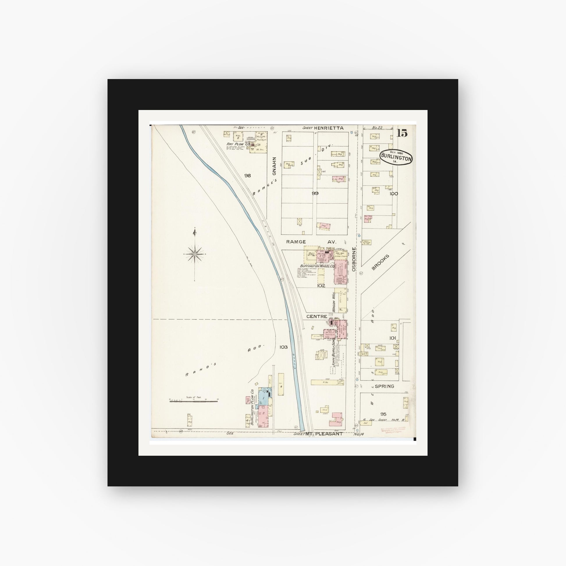 Old map wall art mockup — black gallery frame with white mat — Sanborn Fire Insurance Map from Burlington, Des Moines County, Iowa (1888), Sheet #0015