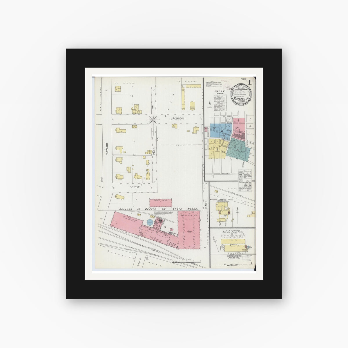 Old map wall art mockup — black gallery frame with white mat — Sanborn Fire Insurance Map from Marengo, McHenry County, Illinois (1893), Sheet #0001