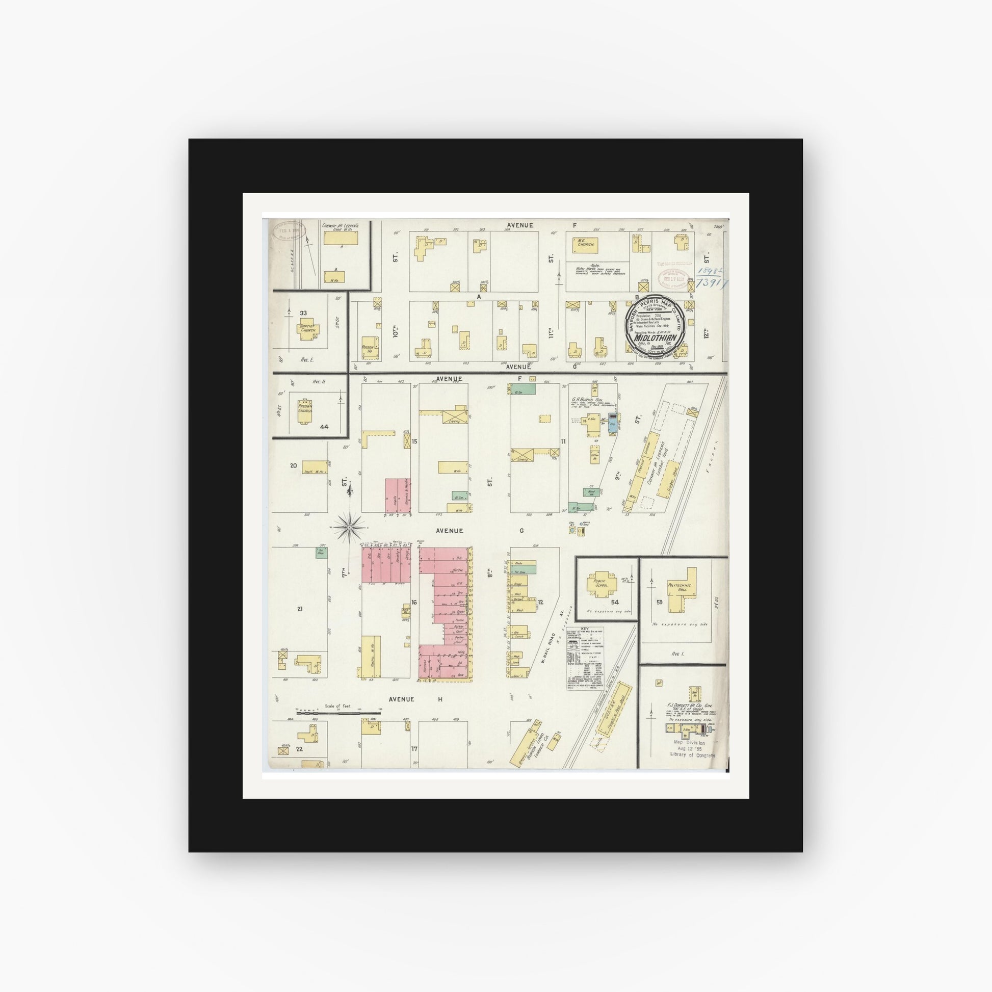 Old map wall art mockup — black gallery frame with white mat — Sanborn Fire Insurance Map from Midlothian, Ellis County, Texas (1898), Sheet #0001