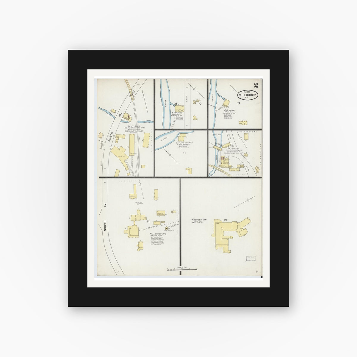 Old map wall art mockup — black gallery frame with white mat — Sanborn Fire Insurance Map from Millbrook, Dutchess County, New York (1892), Sheet #0002
