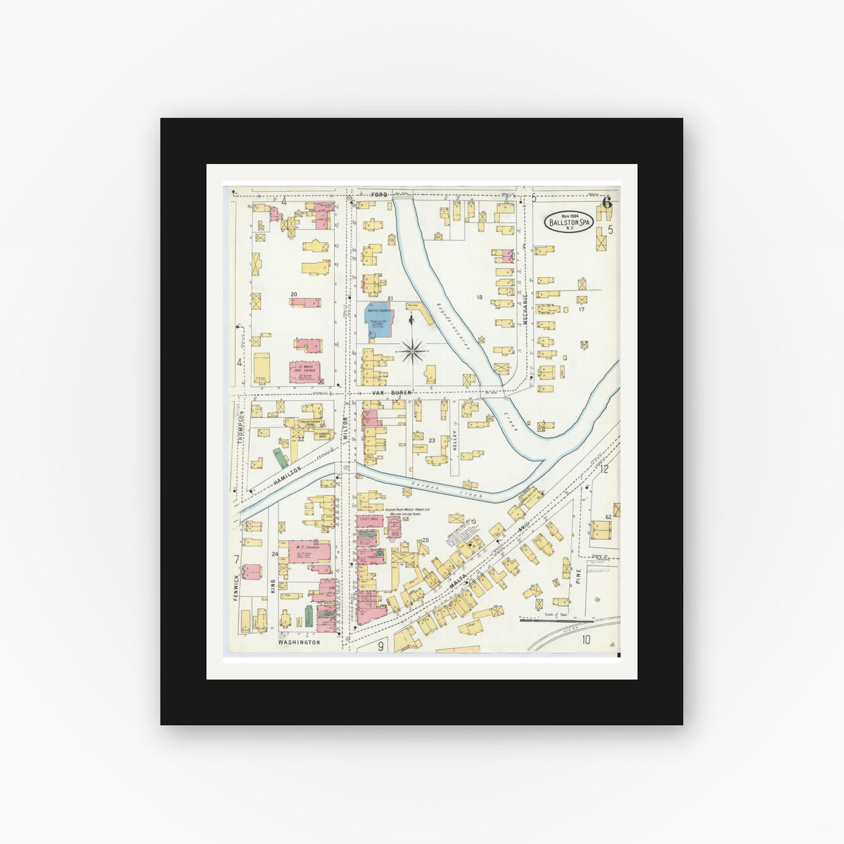 Old map wall art mockup — black gallery frame with white mat — Sanborn Fire Insurance Map from Ballston Spa, Saratoga County, New York (1904), Sheet #0006
