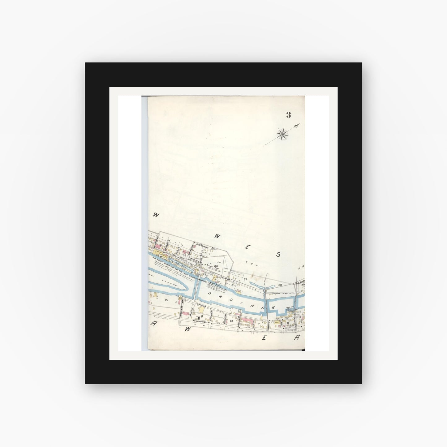 Old map wall art mockup — black gallery frame with white mat — Sanborn Fire Insurance Map from Saginaw, Saginaw County, Michigan (1895), Sheet #0003
