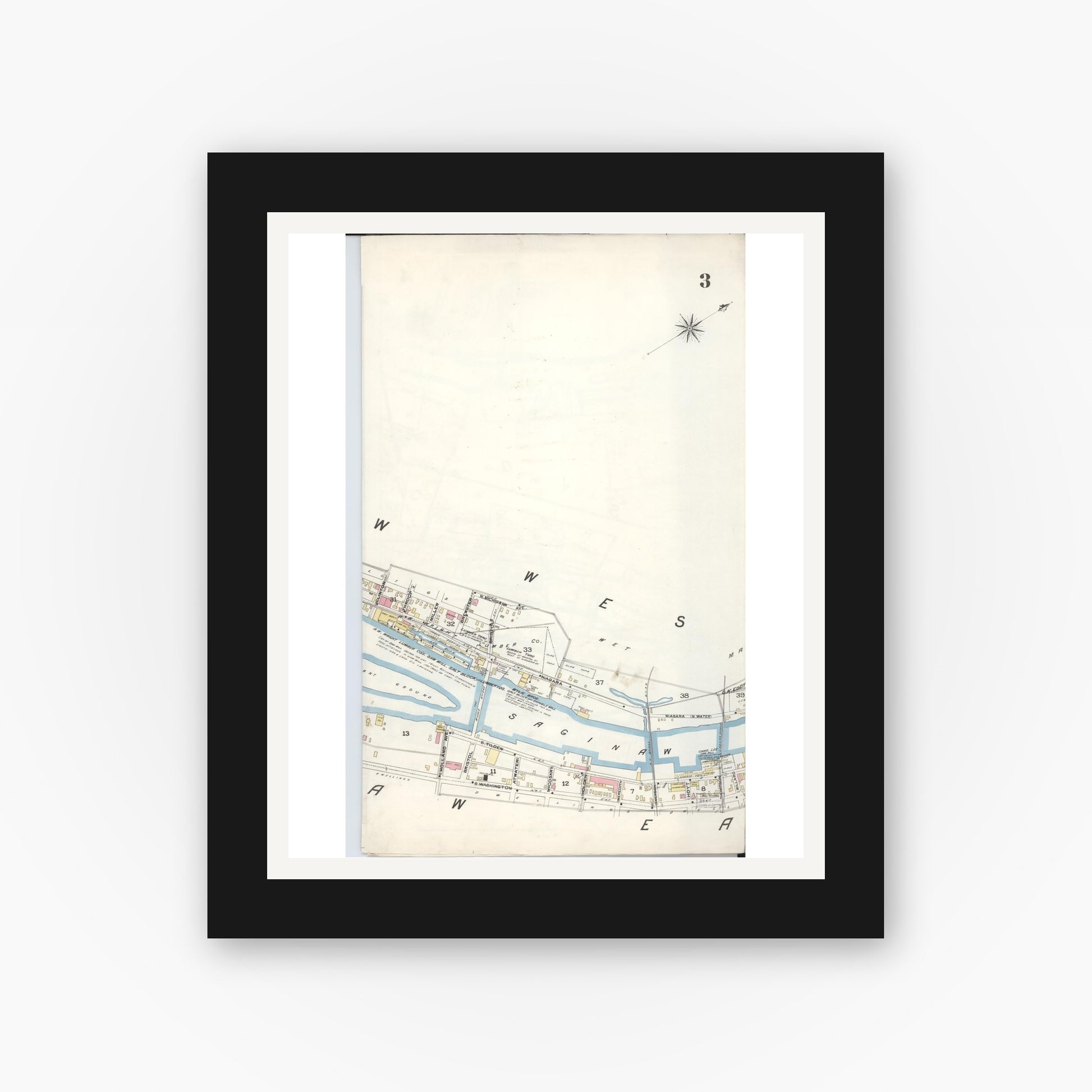 Old map wall art mockup — black gallery frame with white mat — Sanborn Fire Insurance Map from Saginaw, Saginaw County, Michigan (1895), Sheet #0003