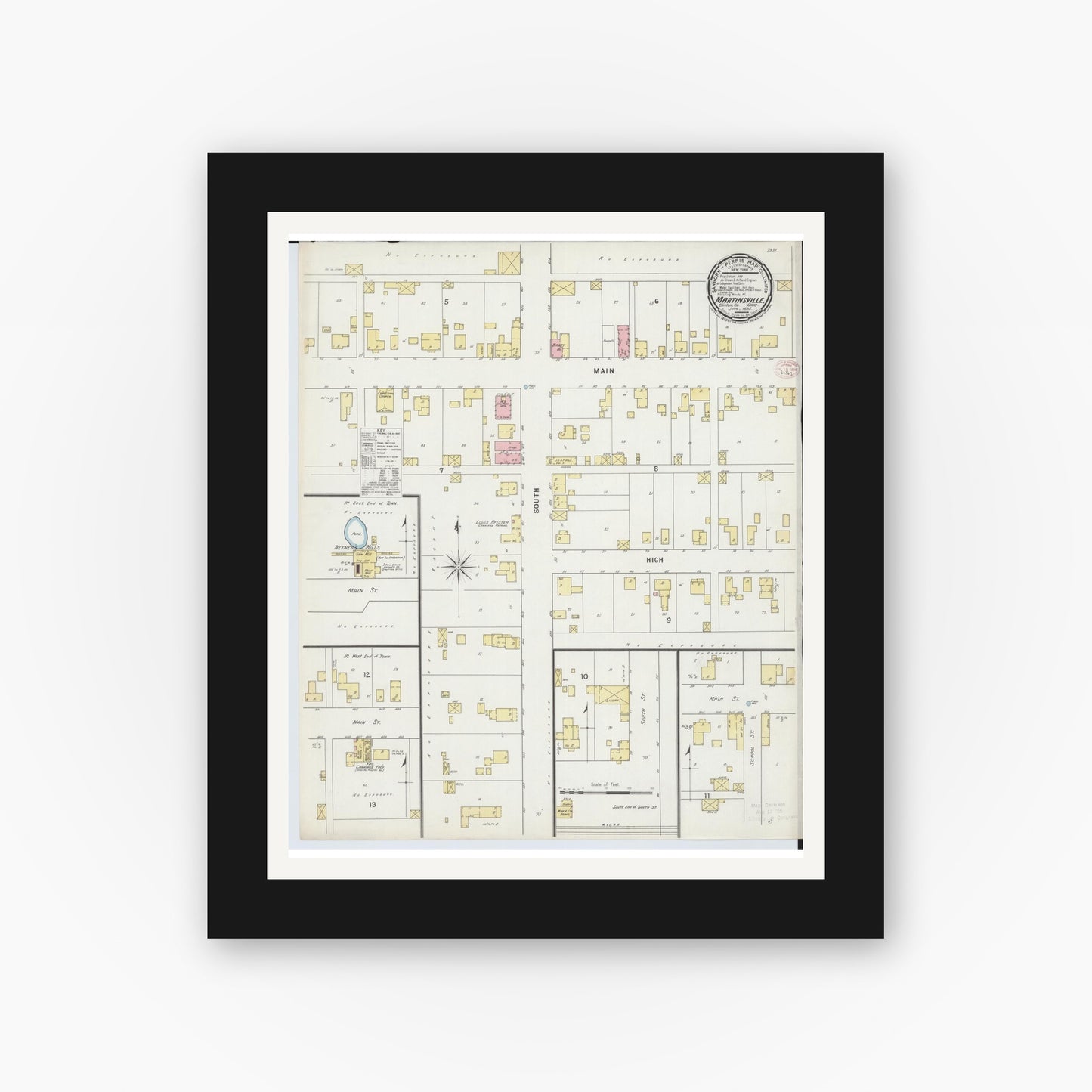 Old map wall art mockup — black gallery frame with white mat — Sanborn Fire Insurance Map from Martinsville, Clinton County, Ohio (1895), Sheet #0001