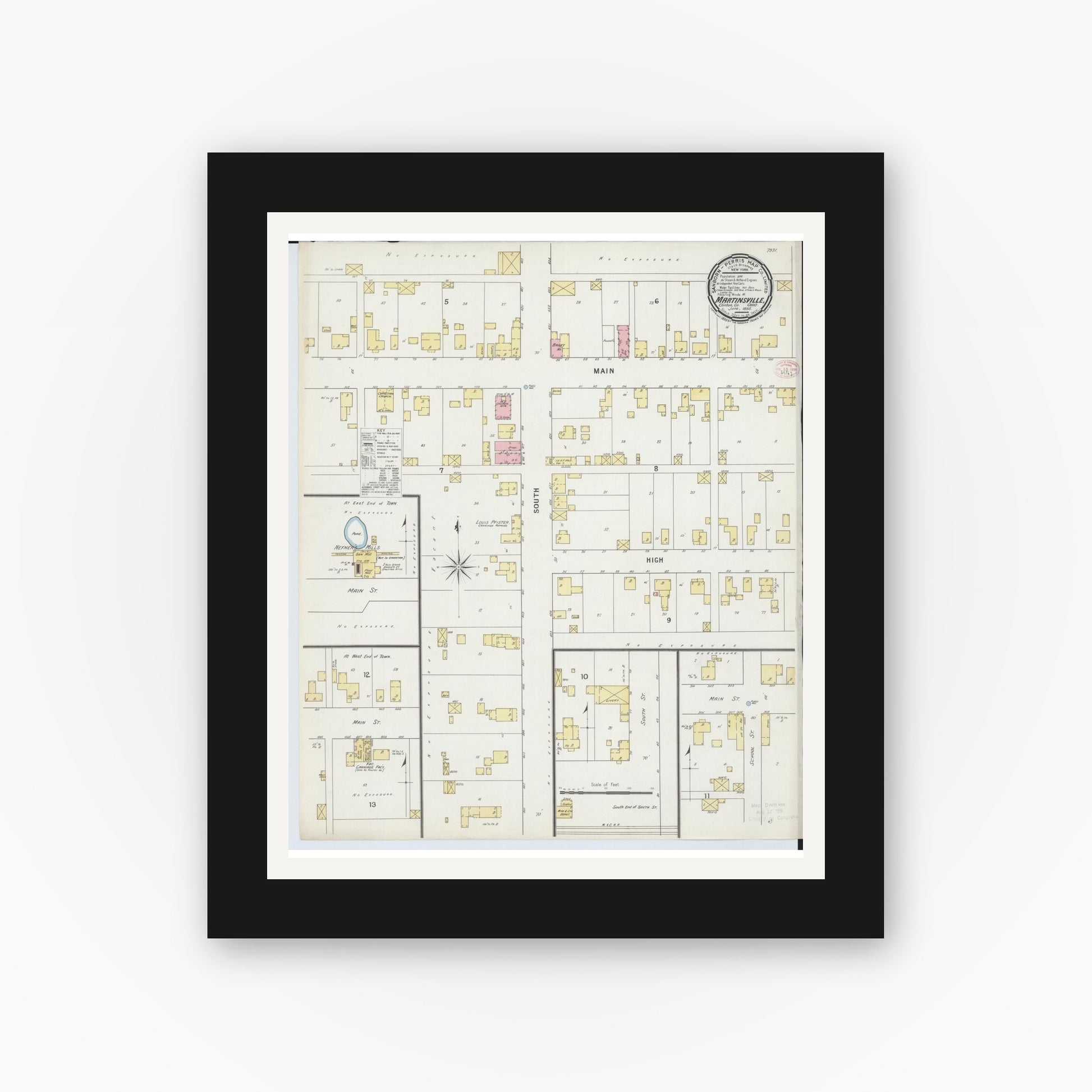 Old map wall art mockup — black gallery frame with white mat — Sanborn Fire Insurance Map from Martinsville, Clinton County, Ohio (1895), Sheet #0001