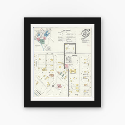 Old map wall art mockup — black gallery frame with white mat — Sanborn Fire Insurance Map from Buffalo, Wright County, Minnesota (1909), Sheet #0001