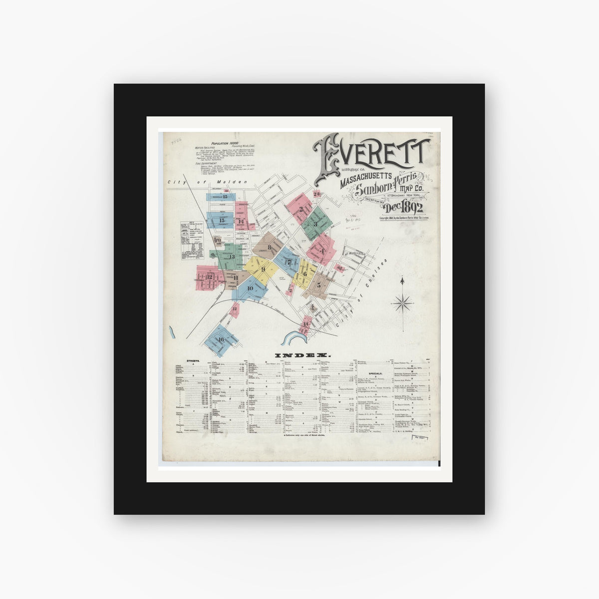 Old map wall art mockup — black gallery frame with white mat — Sanborn Fire Insurance Map from Everett, Middlesex County, Massachusetts (1892) - Complete Map Set