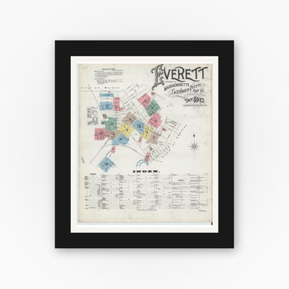 Old map wall art mockup — black gallery frame with white mat — Sanborn Fire Insurance Map from Everett, Middlesex County, Massachusetts (1892) - Complete Map Set