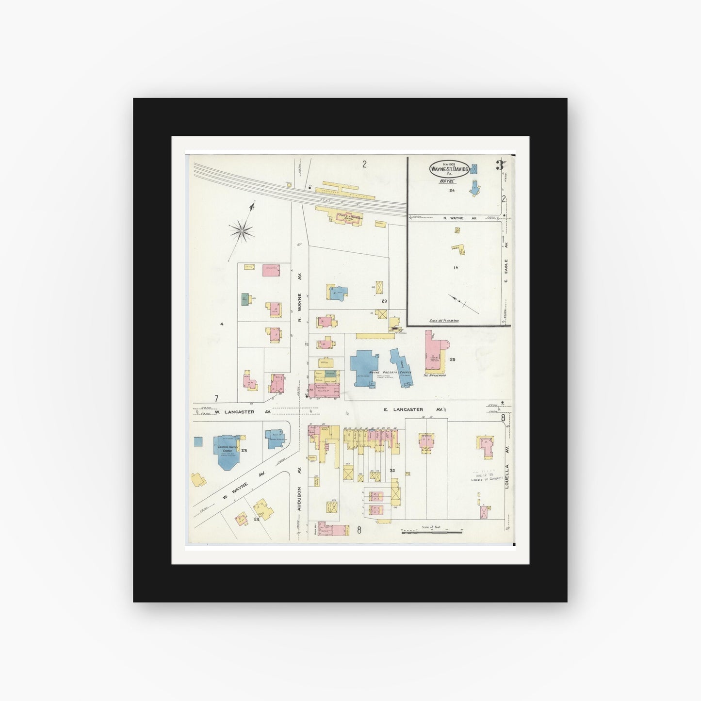 Old map wall art mockup — black gallery frame with white mat — Sanborn Fire Insurance Map from Wayne, Delaware County, Pennsylvania (1909), Sheet #0003