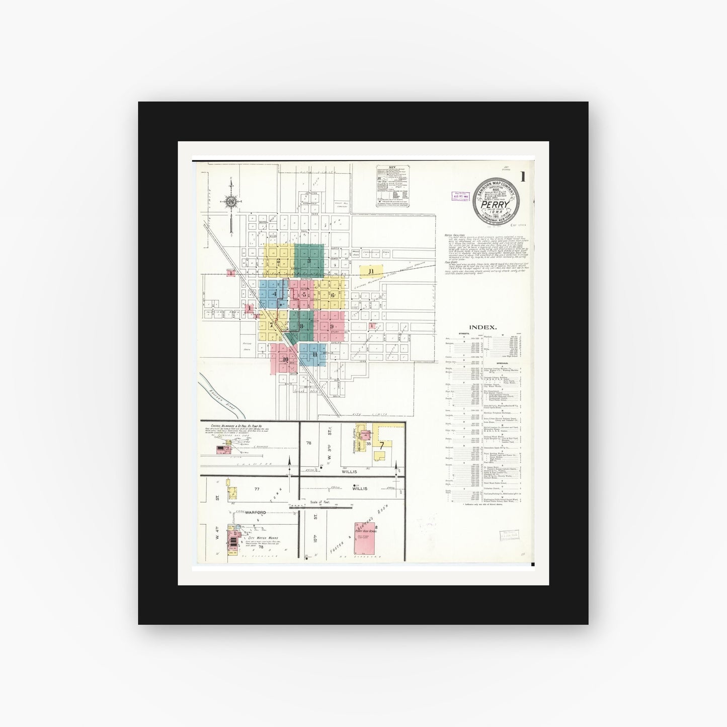 Old map wall art mockup — black gallery frame with white mat — Sanborn Fire Insurance Map from Perry, Dallas County, Iowa (1911), Sheet #0001